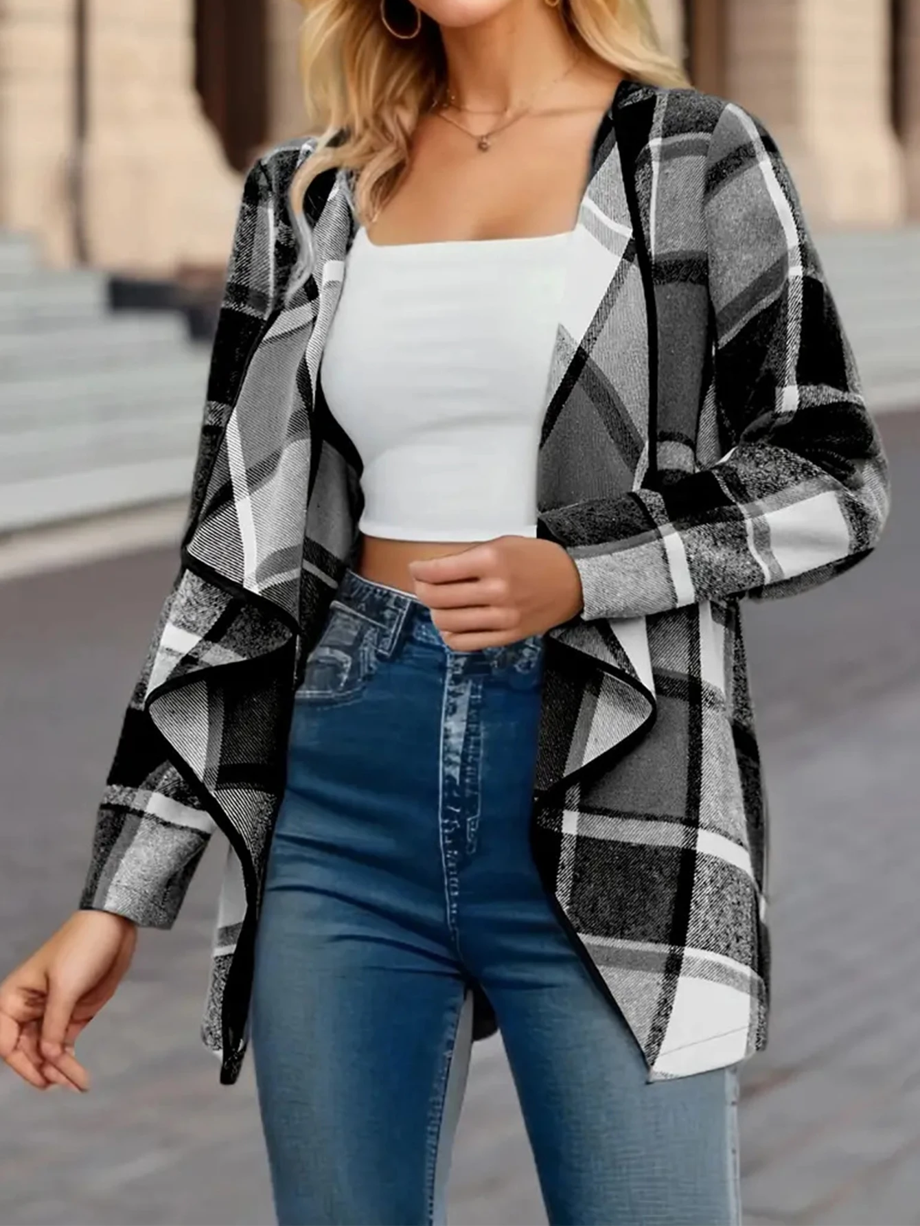 여성용 한국식 시크 드레이프 패치워크 체크무늬 가디건 긴 소매 오픈 프론트 캐주얼 가을 겨울 패션 탑