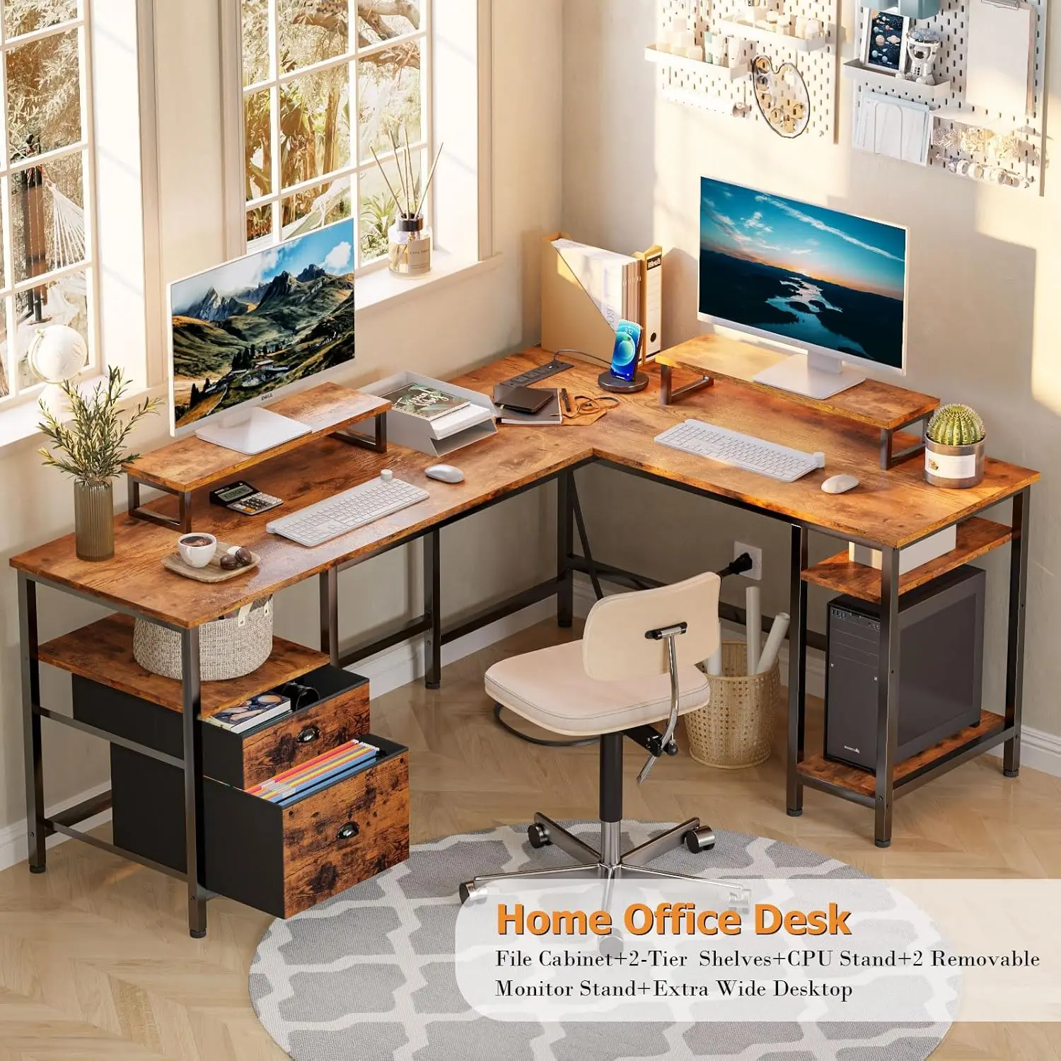 

Umail Furniture 66” L Shaped Desk with Power Outlet, Reversible Computer Desk with File Drawer & 2 Monitor Stands