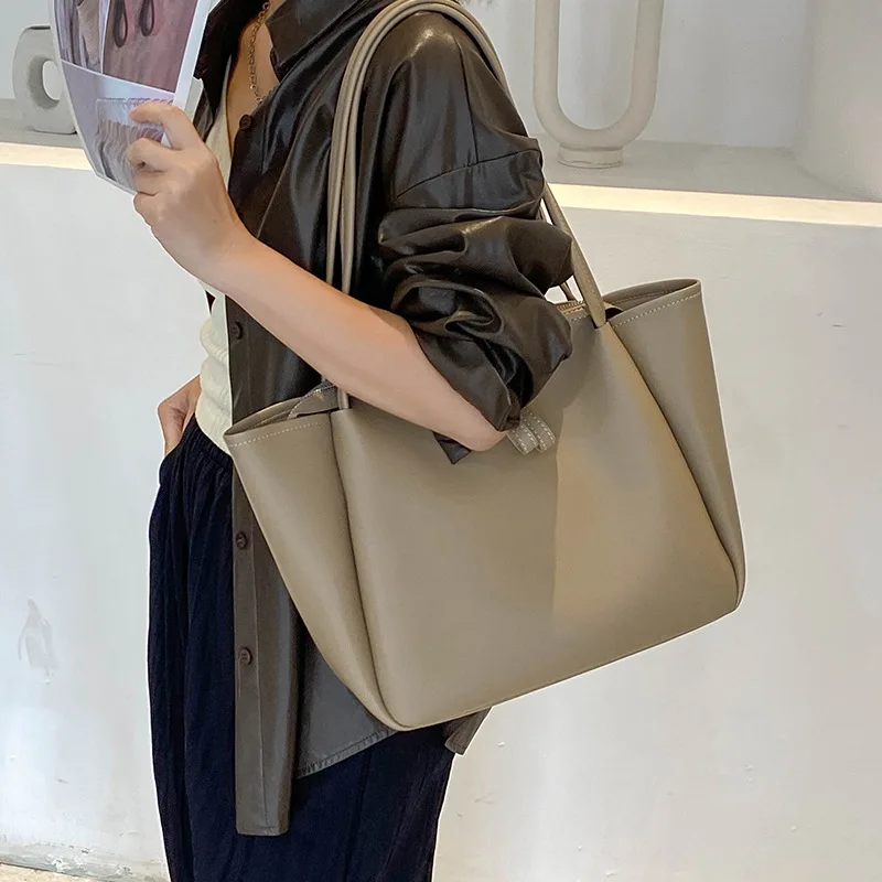 Fashion Simple Large Capacity Soft PU Tote Shoulder Bag for Women Casual Commuting Vintage Black Gray Khaki Ladies Purse Handbag