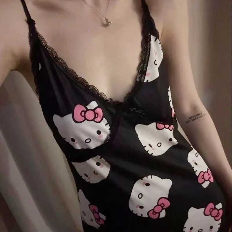 HelloKitty Sanrio Y2K Sleepwear Summer Sexy  Lace V-Neck Nightgown Sleeveless  Sleepwear Soft Lingerie Pajamas Home Clothes Gift - view 4