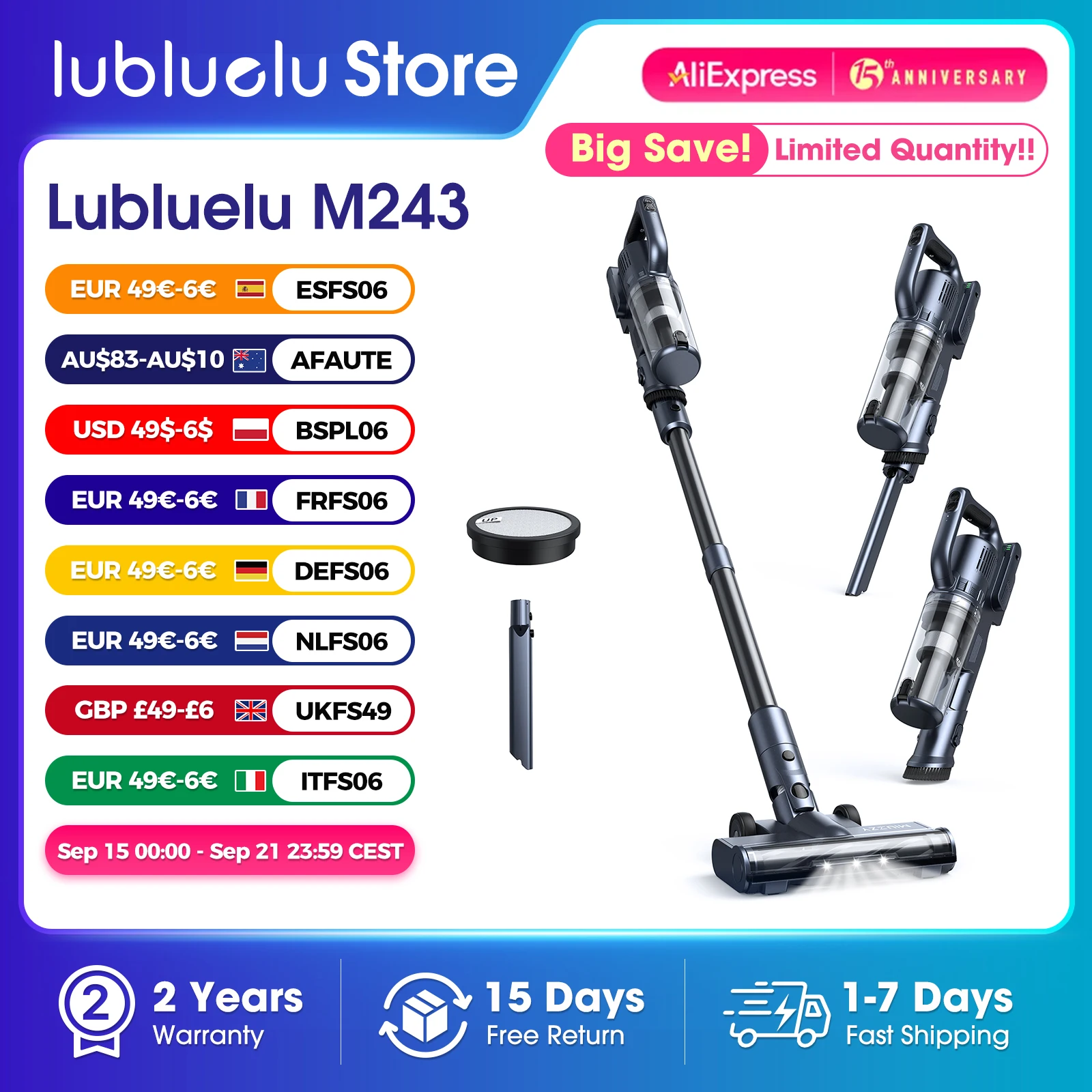 Aspirateur à batterie M243, aspirateur sans fil jusqu'à 50 minutes d'autonomie pour sols durs Lubluelu-MIUZZY