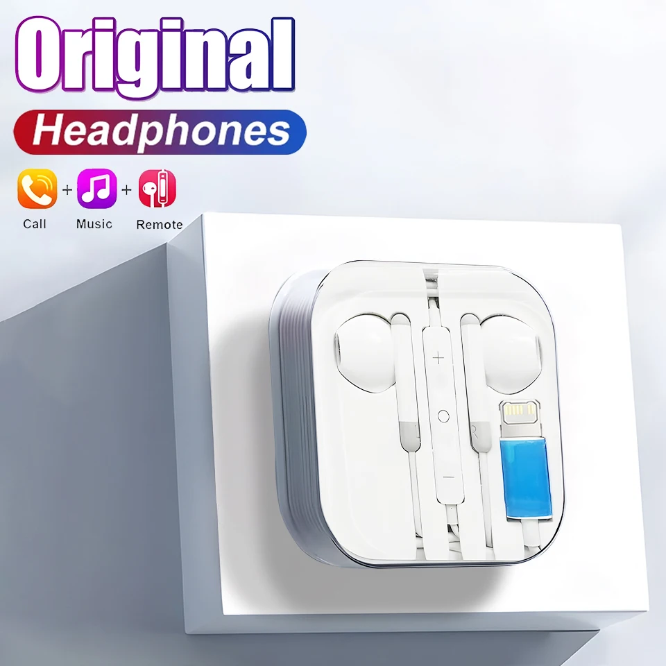 Original Headphones For Apple iPhone 16 15 14 13 12 11 Pro Max Plus In-ear Lightning Type-C Wired Bluetooth Earphones For Xiaomi