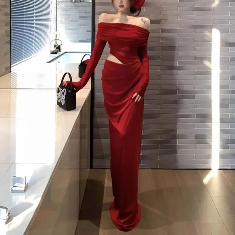 

Female Clothing Fashion Hollow Out Long Dress Elegant Slash Neck Spring Autumn Off Shoulder Vintage Slim Waist Bag Hip Dresses