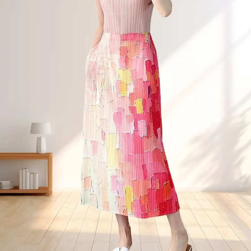 

Miyake плиссированная полуюбка женская летняя новая длинная юбка с высокой талией и цветными блоками женская корейская нежная одежда для отпуска
