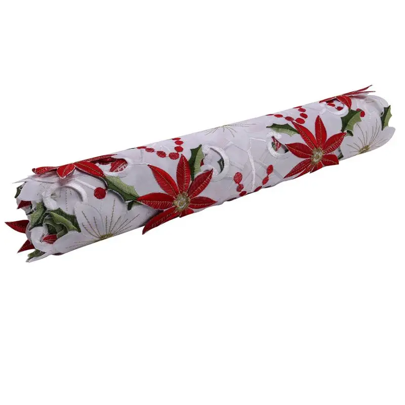 SEWS-5X Christmas Embroidered Table Runner, Luxury Holly Poinsettia Table Runner For Christmas Decorations, 15 X 70 Inch