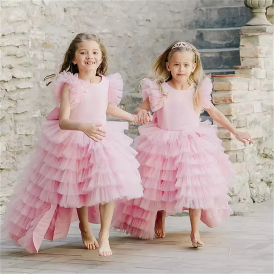 

Classic Princess Pleat A Line Sweep Train Formal Flower Girl Dress Above Knee Length Luxury First Communion Gown Customized