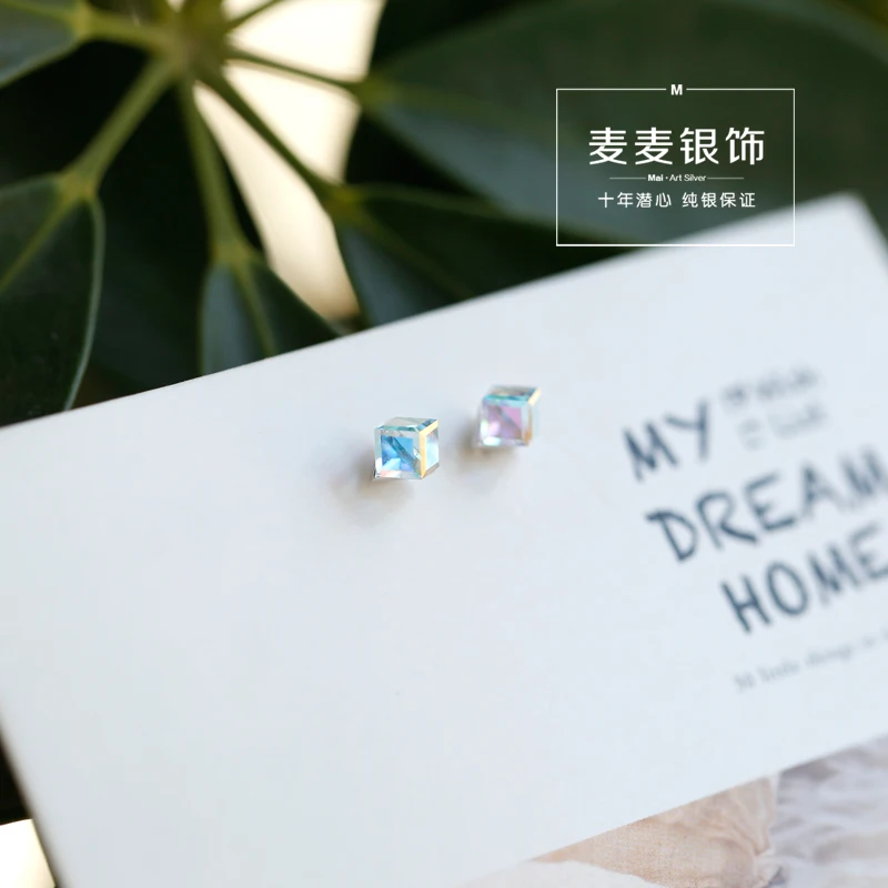 

High Quality 925 Sterling Silver Handmade Geometric Box Crystal Stud Earrings Fashion Women Jewelry Minimalism Cute Gift 5mm