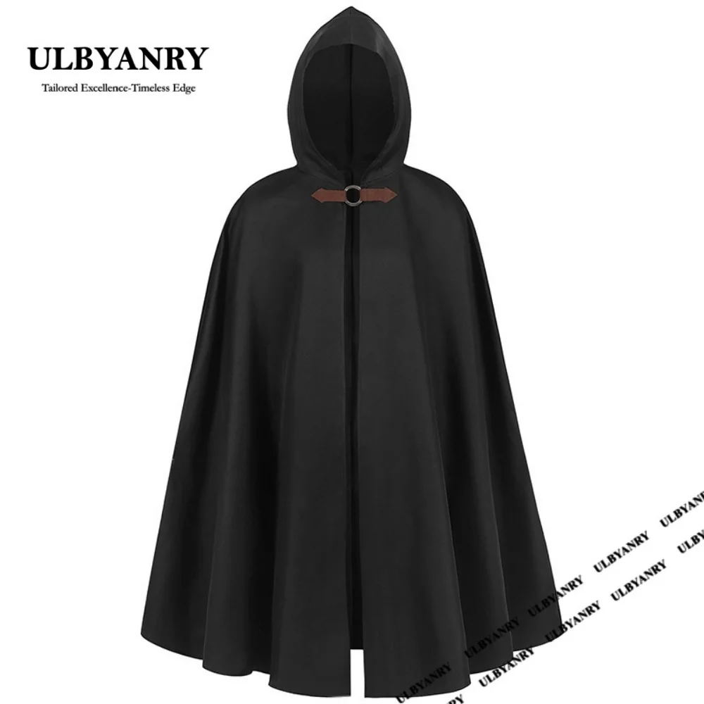 Men's Hooded Cloak for Halloween Vintage European Medieval shawl Solid Ranger Robe Performance Costume