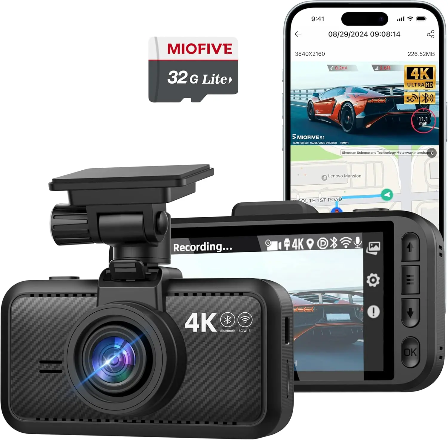 

Видеорегистратор 4K WiFi GPS с ночным видением, циклической записью, HDR, управлением через приложение и бесплатной картой памяти 32 ГБ
