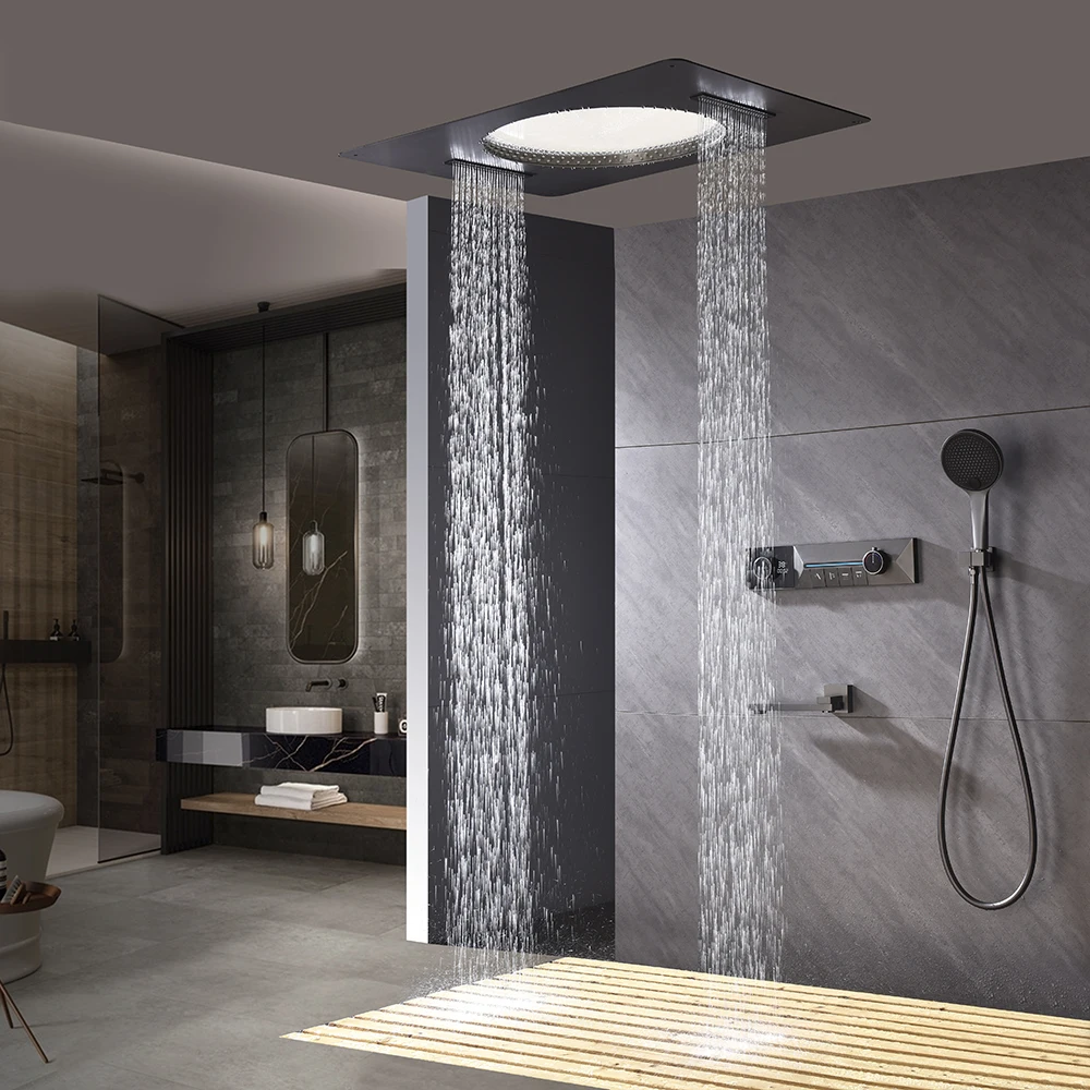 Wall Mount Concealed Top LED Shower Head Digital Display Smart Shower System 4 Function Thermostatic Rainfall Apartment Hotel