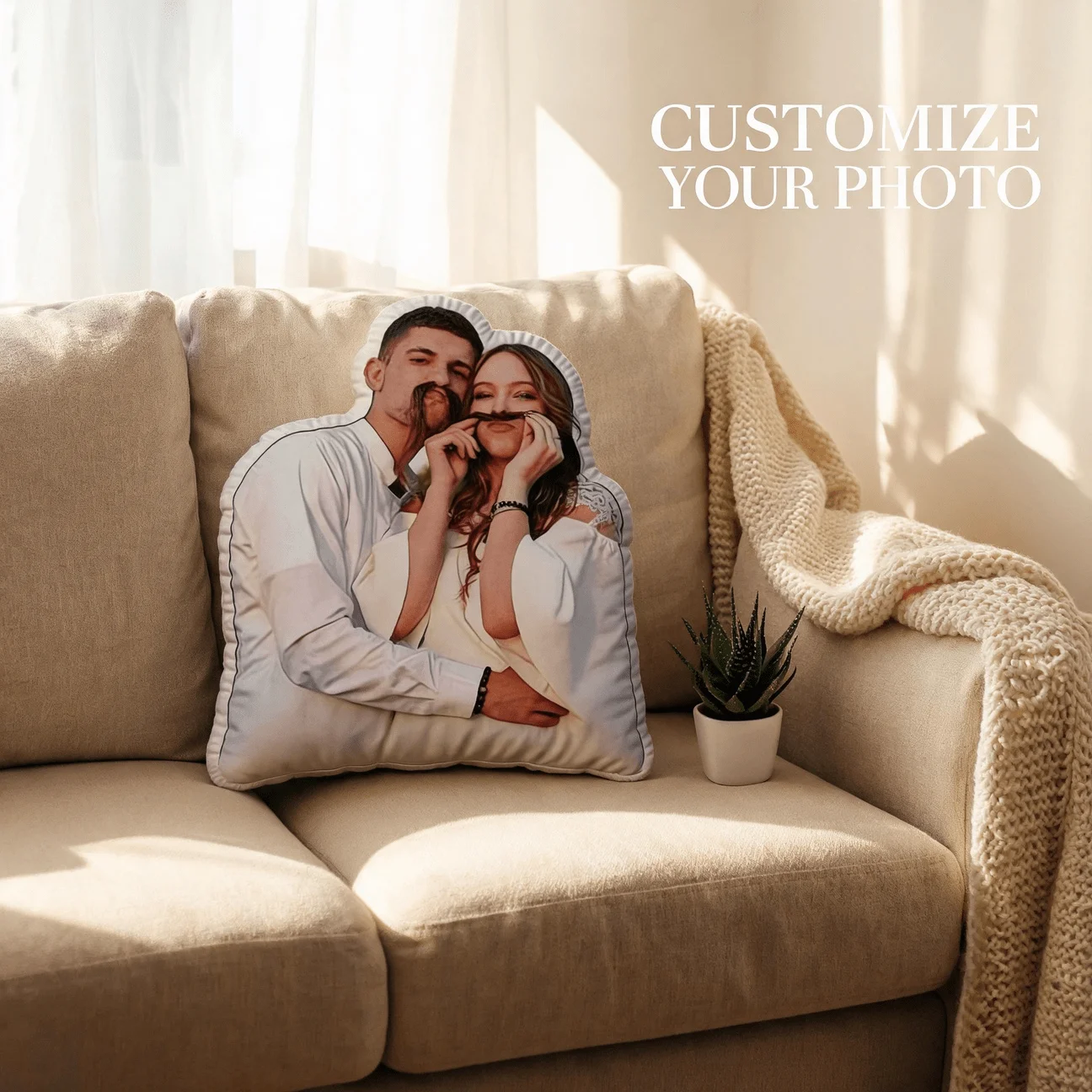 Custom Couple Photo Shaped Pillow, Funny Mustache Props Personalized Decorative Cushion, Romantic Wedding Look Home Decor for So