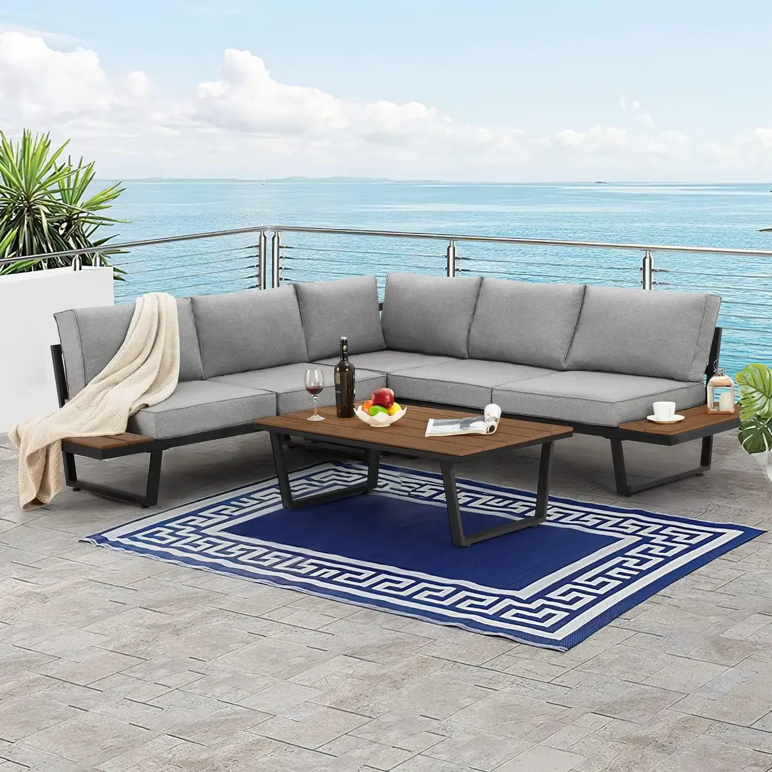 4 Piece Outdoor Sectional Sofa Set with Coffee Table, Extra Large L-Shaped Metal Conversation Set