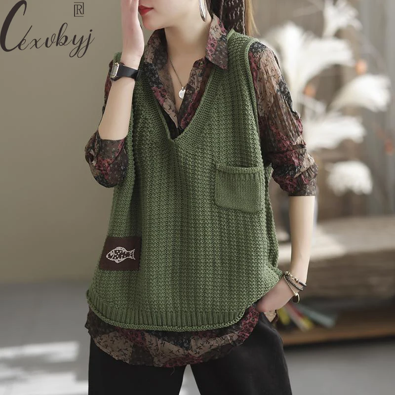 

Embroidery Sweater Vest Women Solid Colors Hollow Out Knitted Tops High Quality Sleeveless Vintage Knitwear Waistcoat Pocket