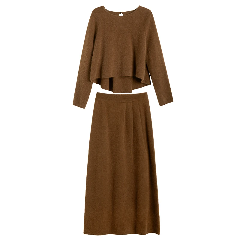 OLrain Autumn Women's Skirt Sets Asymmetrical Slash Collar Hollow Pullovers A-line Folds Elegant Skirts 2025 New O56DE88392