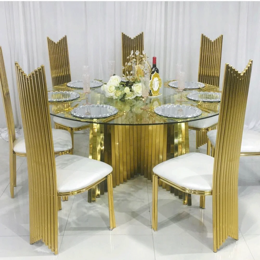

Mirror Round Wedding Dining Table for Sale Ceremony Glass Stainless Steel Style Modern Furniture