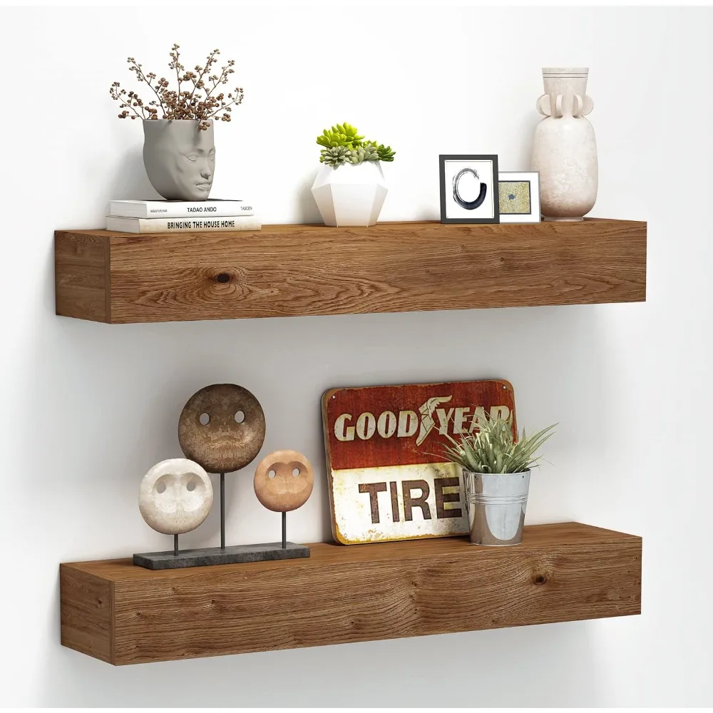 Wall Floating  decorative Shelves, Rustic Wood Wall Shelf Handmade (Light Walnut, 24 Inch - 2 Pack)