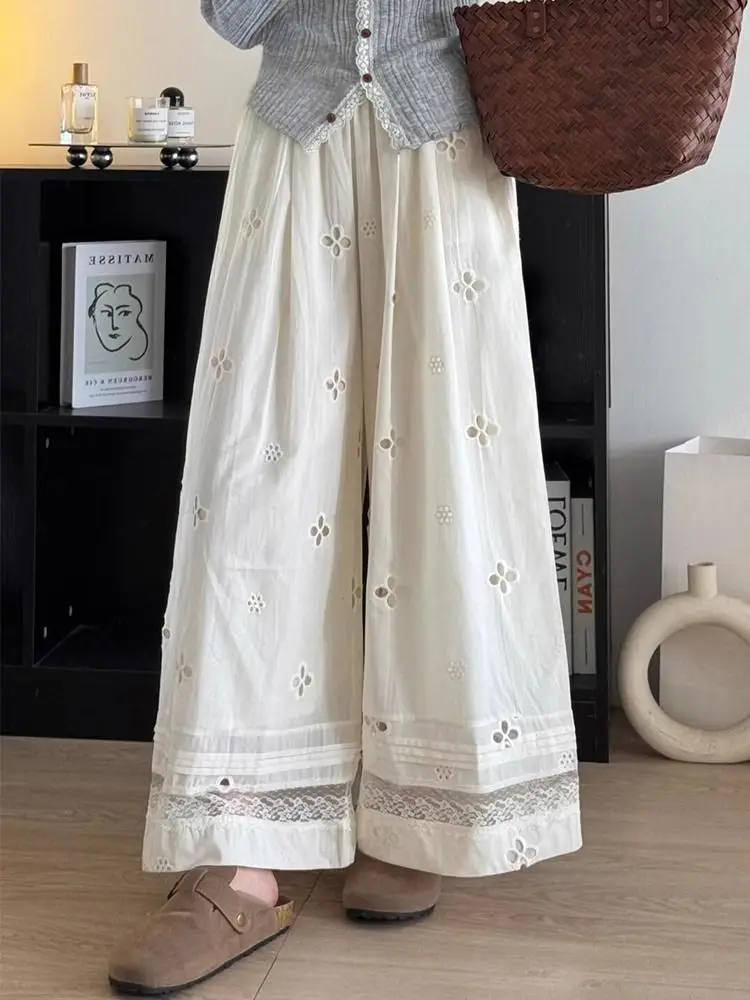 Ele High Waist Lace Hollow out Casual Pants Women's Wide Leg Long Trousers Summer Slimming Loose Fit Straight Leg Jeans