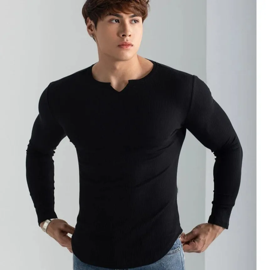 

Men Summer Slim Fit Fashion Long Sleeved Top Fitness Motion Hip Hop Streetwear Running And Fitness V Neck Trend Top