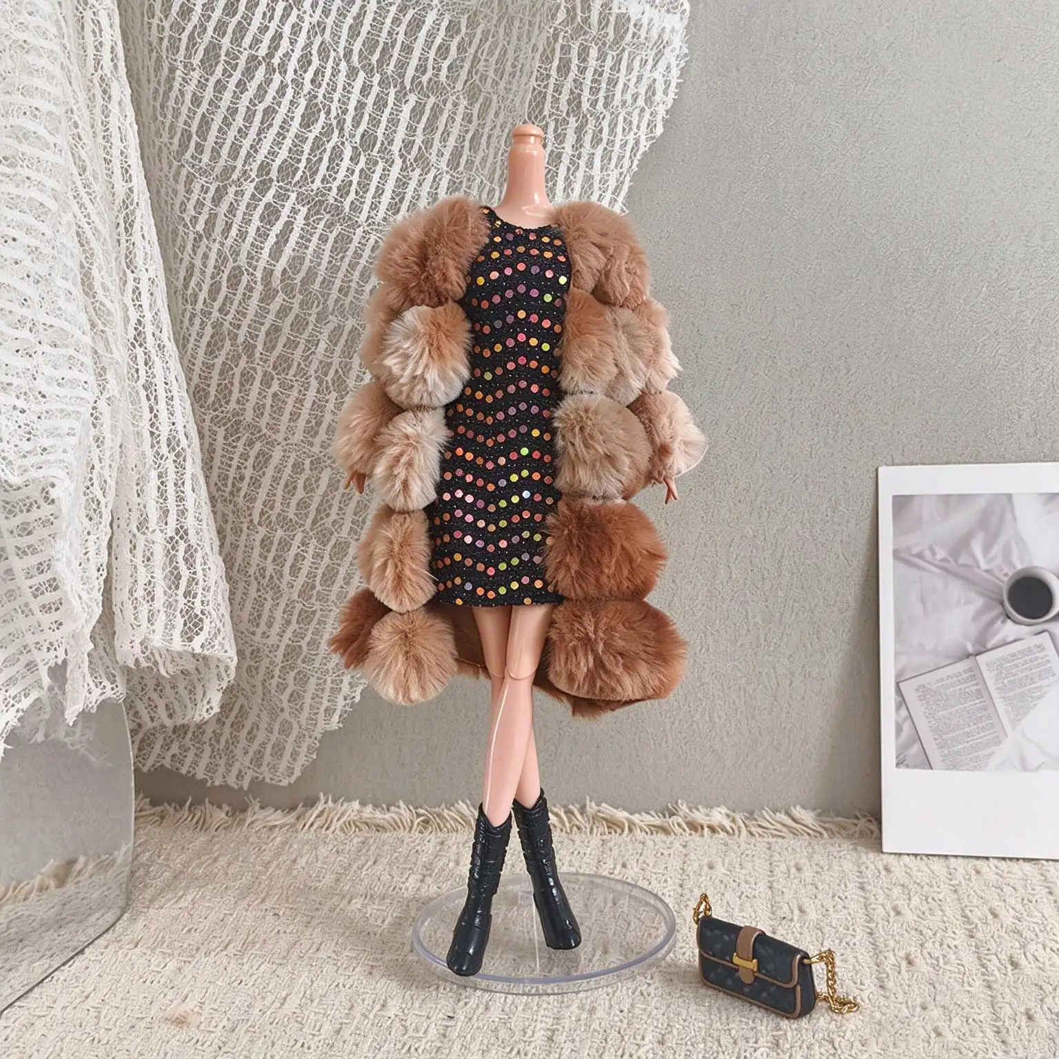 30cm / 1/6 Scale Doll Winter Faux-Fur Fashion Set – Sequin Dress & Princess Dress-Up Accessories