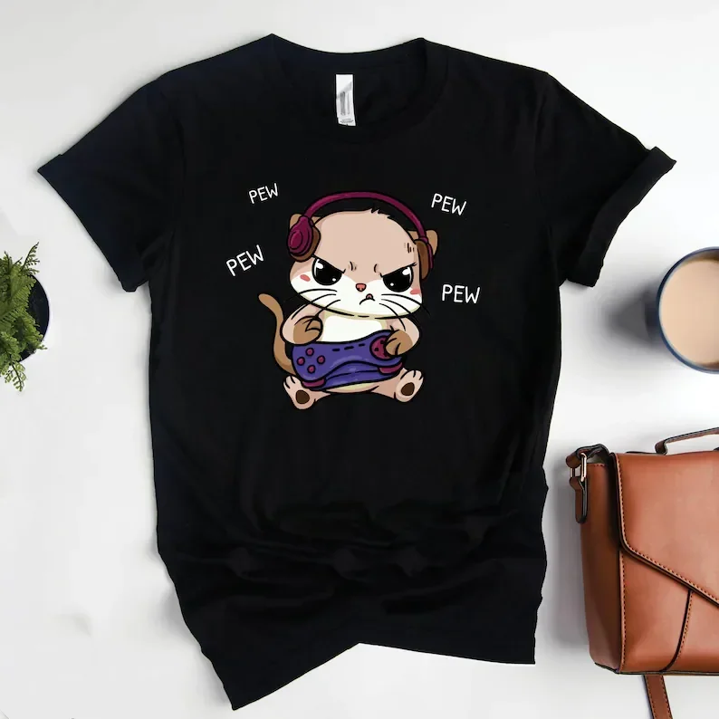 

Gaming Cat Shirt Kitty Funny Cat Videogame Video Gamer Short Sleeve Women's T-shirt Aesthetic O Neck Top Tee y2k Drop Shipping