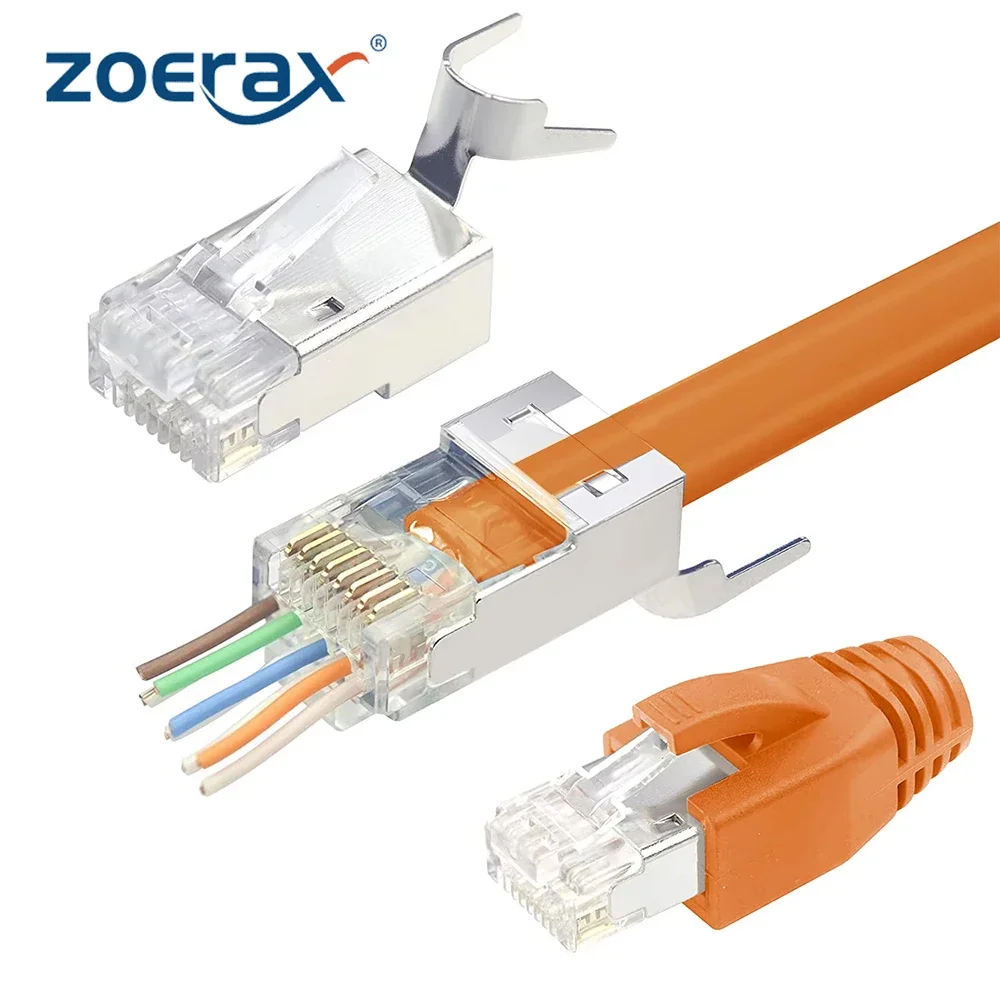 

Наскросные разъемы ZoeRax Cat7 Cat6A RJ45, 3-контактные позолоченные модульные разъемы Ethernet на 50 мкг с ботинками для снятия натяжения