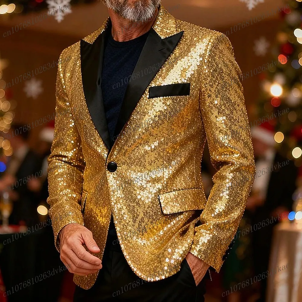 

New Gold Sequin And Black Men Suit Wedding Party Formal Groom Groomsman Prom Business Male Tuxedos 2 Piece Set Jacket Pants