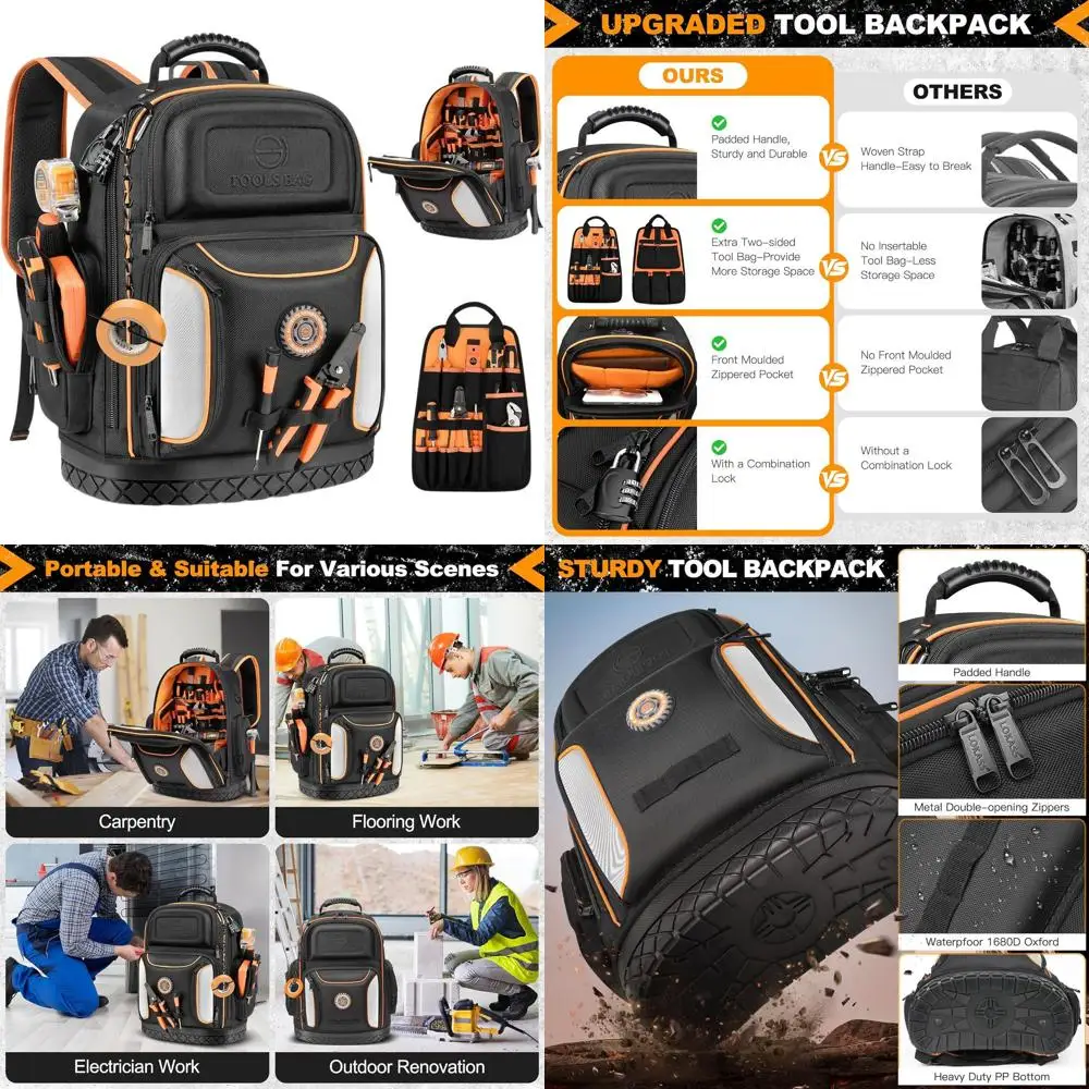 

Large Heavy-Duty 75-Pocket Tool Backpack with Molded Base and Combination Lock for Electricians and Construction Workers, Black