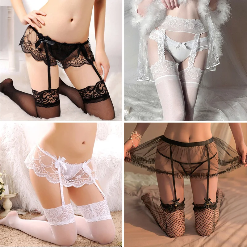 Women Lace Sexy Garter Belt Thigh High Stockings Silk Thin Open Crotch Pantyhose Erotic Hollow Out Tights Over Knee Lingerie