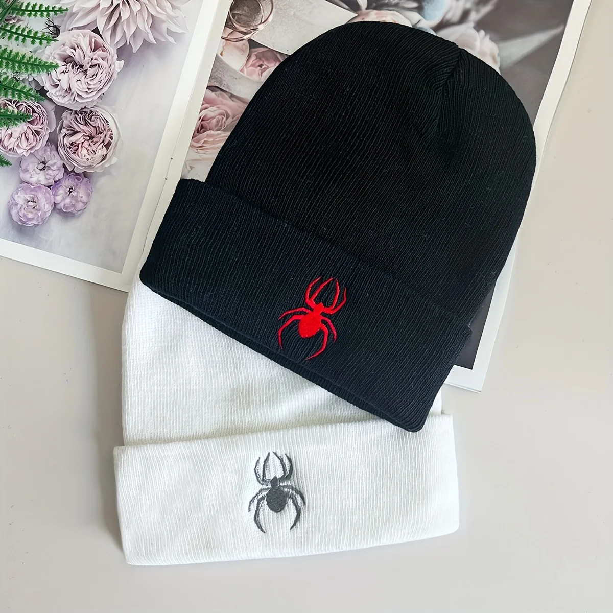 Spider embroidery graphic brimless urinal cap set solid color knitted cap elastic skull cap warm cuffs brimless beanie for women