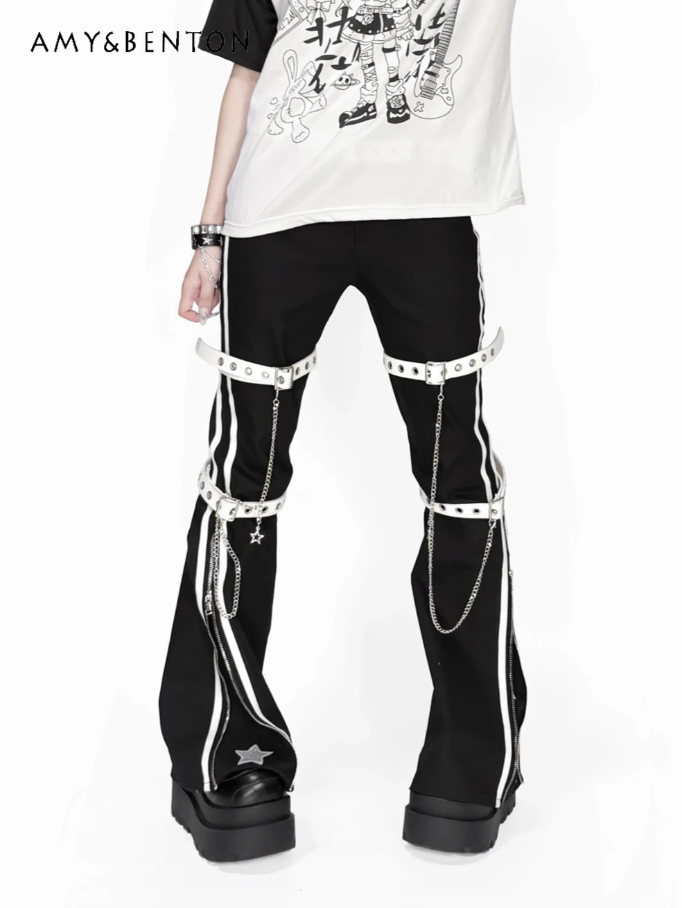 

Subculture Spice Girl Chain Flared Pants Gothic Punk Style Splicing Color Slim Trousers Japanese Sweet Y2K Cargo Pants Women
