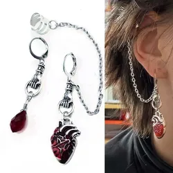 Beating Heart Huggie Earrings Gothic Punk Scary Red Bleeding Heart Asymmetrical Ear Cuffs Clips Hoop Earrings Halloween Party