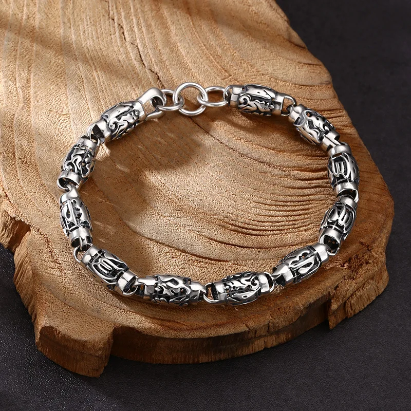 S925 Sterling Silver Six Words Bracelet 8mm Old Process Buddhism 21CM Bright Body Fine Jewelry FYBT123