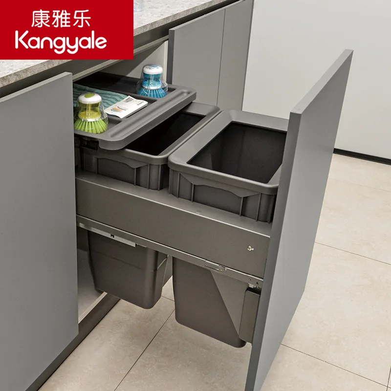 Kitchen cabinet embedded trash can embedded type with lid concealed invisible built-in double bucket classification resistance