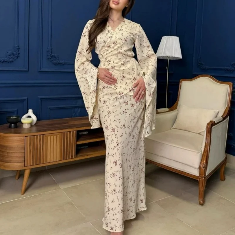 

Women's Irregular Sleeve Evening Gown, Elegant Slim Fit, Printed, Fashionable, Long Skirt Set