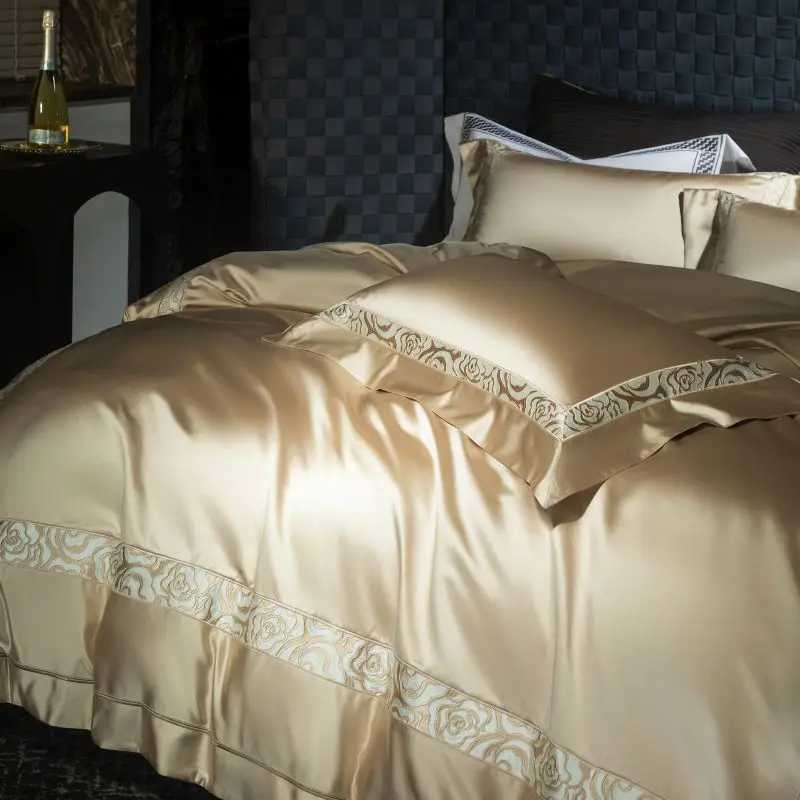 Satin Brocade Egyptian Cotton Luxury Embroidery Bedding Set Champagne Soft Silky Duvet Cover Set Bed Sheet Pillowcases 4Pcs