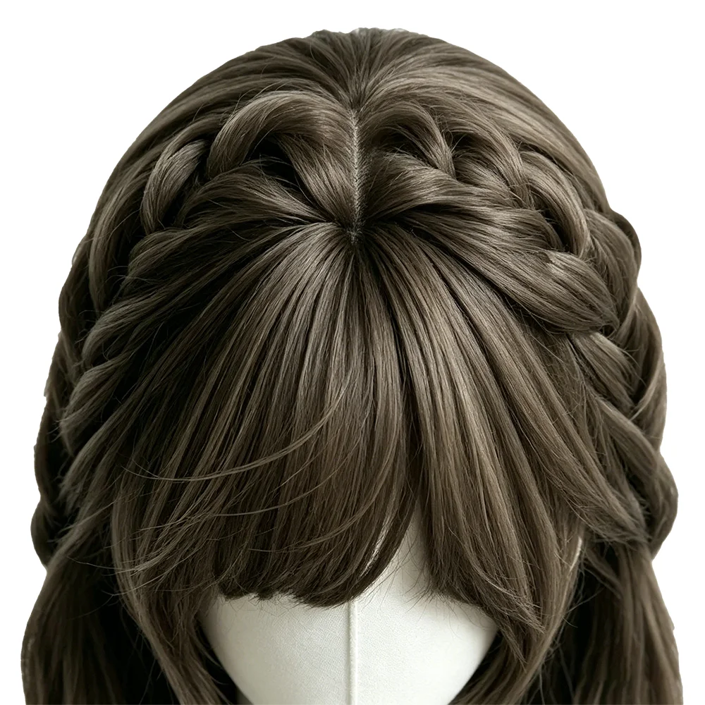 Sweet Cute Lolita Braided Long Wavy Wig Dark Ash Brown With Air Bangs Heat Resistant Synthetic Hair For Women Cosplay Party