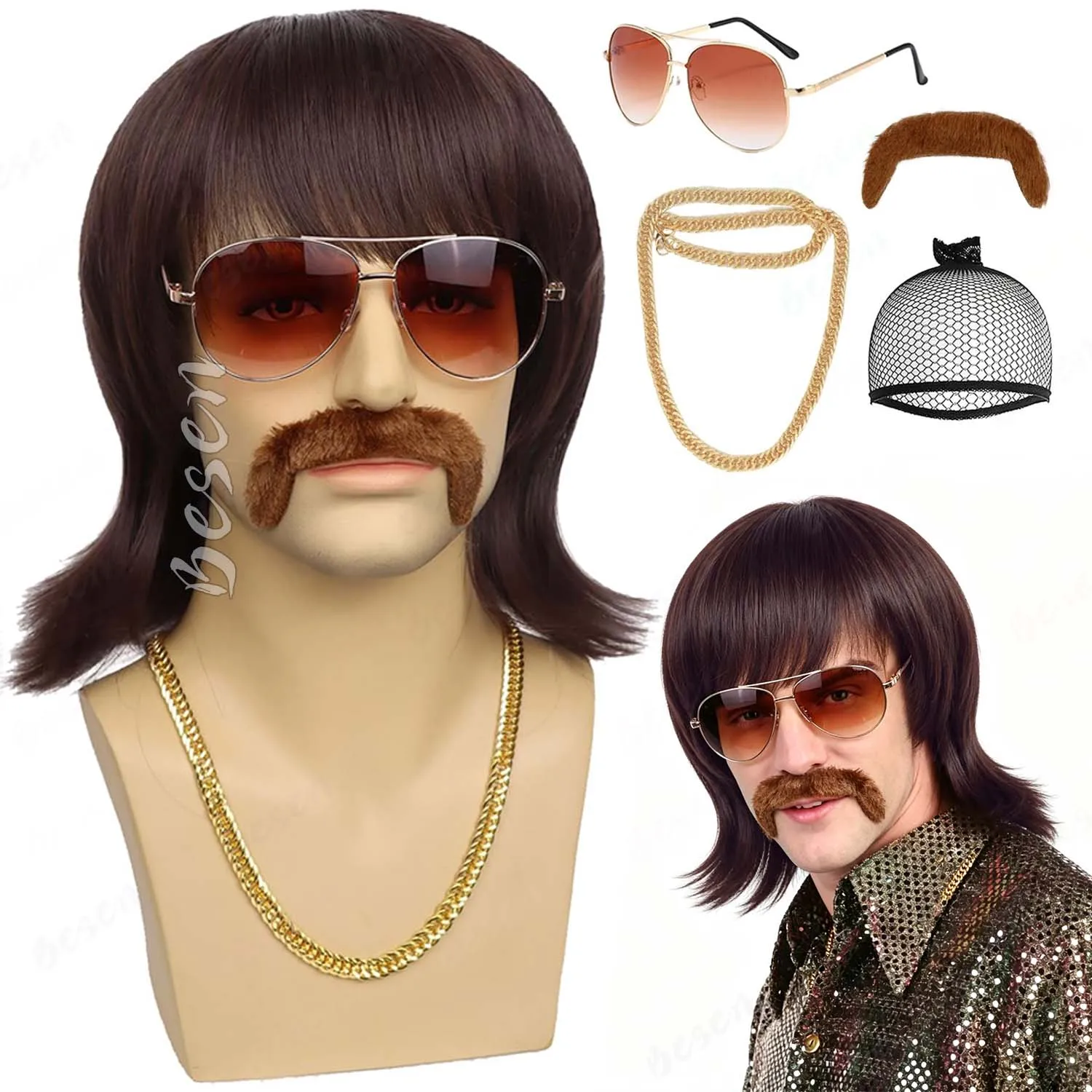 Synthetic 70s 80s Disco Wig+Mustache Glasses Golden Chain Mens Short Brown Funny Mullet Wigs for Party Hippies Rocker Singer