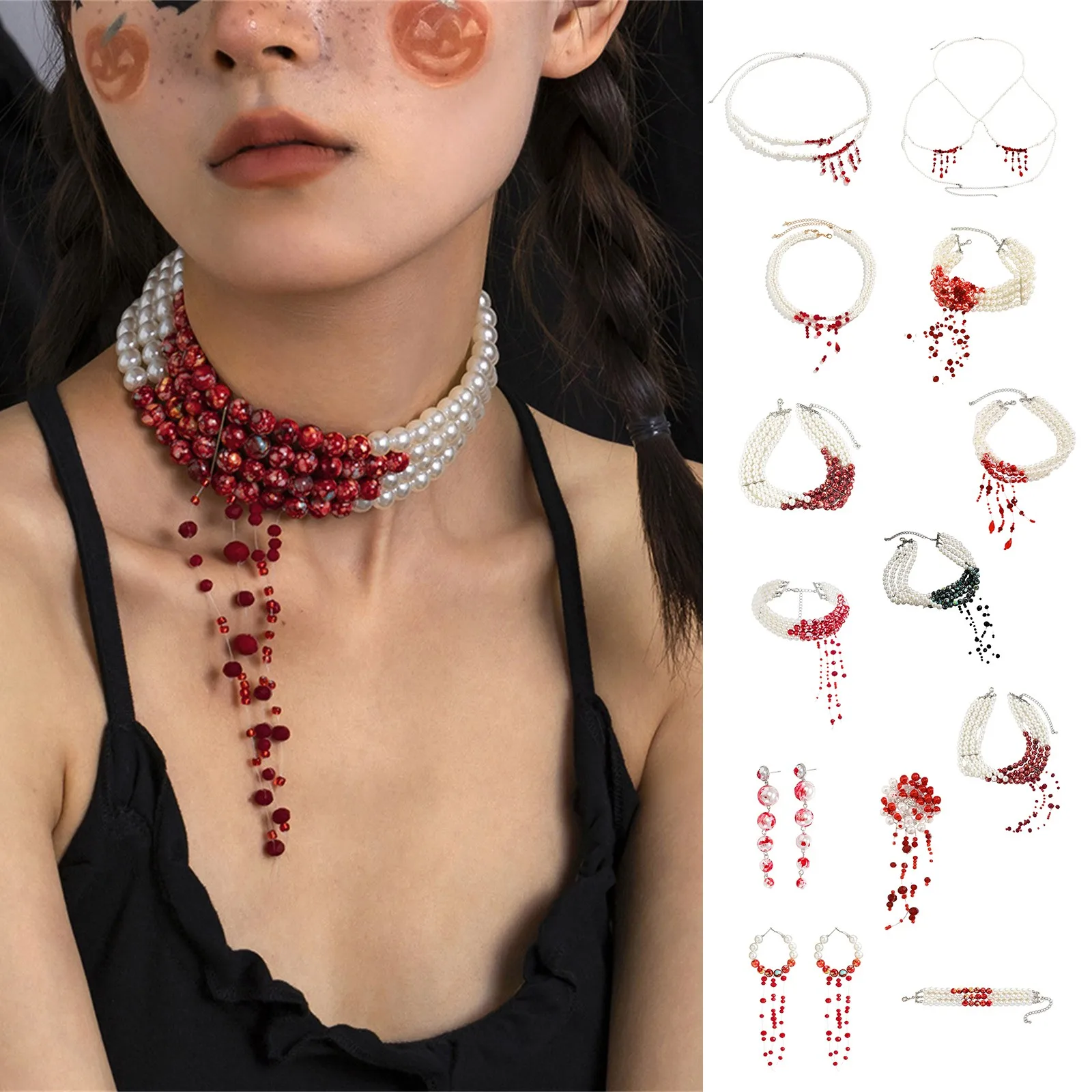 Blood Pearl NecklaceJewelry Gothic Classic Simulated Pearl Choker Necklace for Women Holiday Party Cosplay Costume Creative Gift