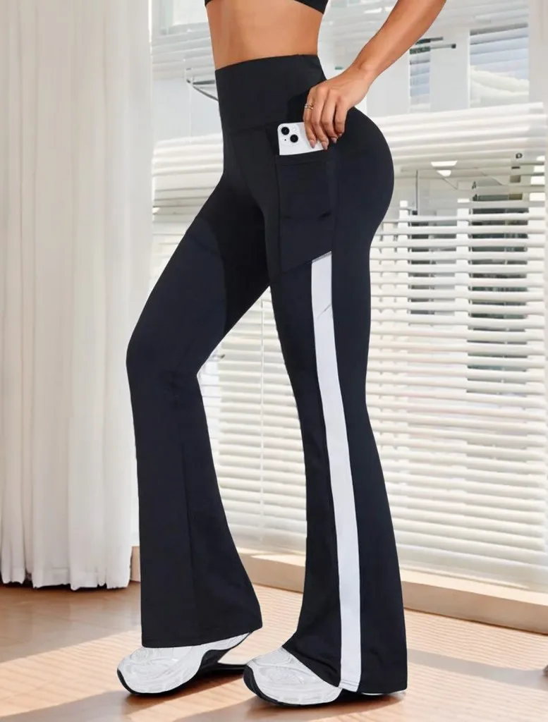 Slim-Fit Women's Trousers, High-Waisted and Hip-Lifting, with Pockets, Side Stripe Design, Simple Yoga and Casual Wear