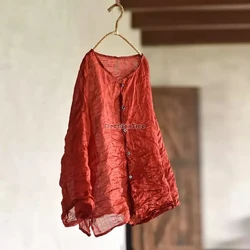 2025 chinese breathable ramie vintage women's blouse round collar long sleeve loose retro style daily cotton linen blouse b317