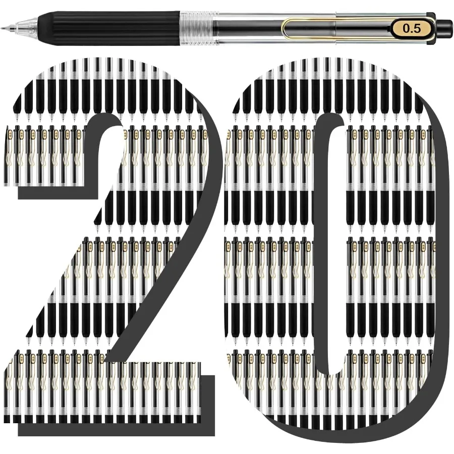 

20 Pack Black Gel Pens Fine Point Smooth Writing Pens Retractable Black Ink Pen with Soft Grip 0.5mm Quick Dry Office School Su