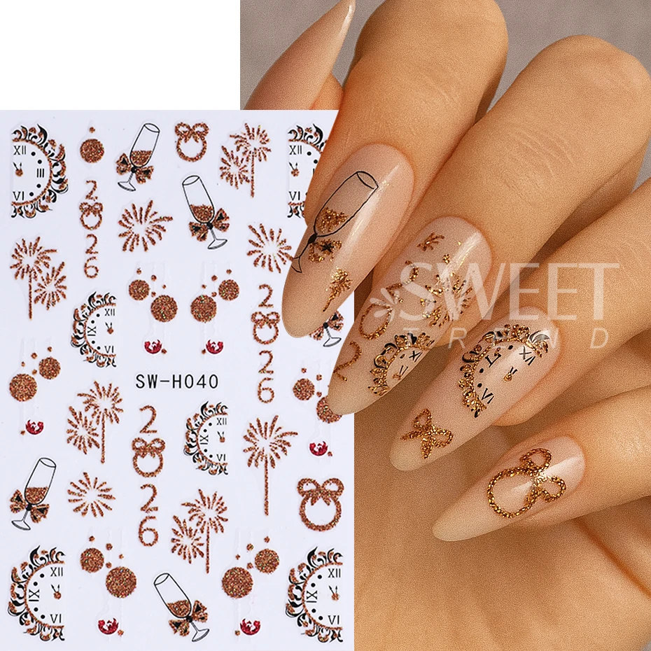 2pcs New Year Nail Stickers Glitter Gold Fireworks Champagne 2026 Clock Design Bow Christmas Nail Sliders Decals Manicure Decor