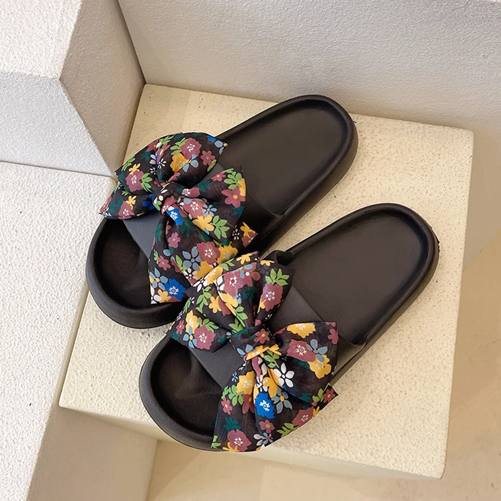 Hot Women Summer Thick New Bow Tie Slippers Indoor Home Sandals Couples Bathroom Slides Non-Slip Soft House Slippers Femme