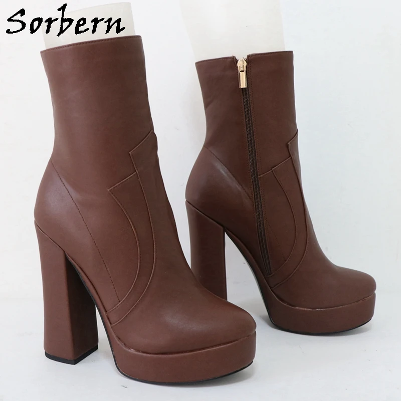 Sorbern Dark Brown Ankle Boots For Women Block High Heels Visible Platform Short Booties Unisex Style Shoes Custom Plus Size 48