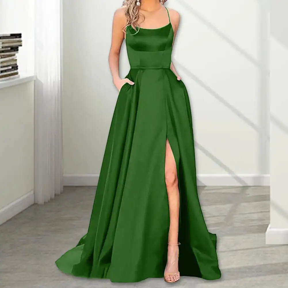 Lightweight Fabric Dress Elegant Satin Evening Dress with Spaghetti Straps High Slit Side Pockets Off Shoulder for Banquet