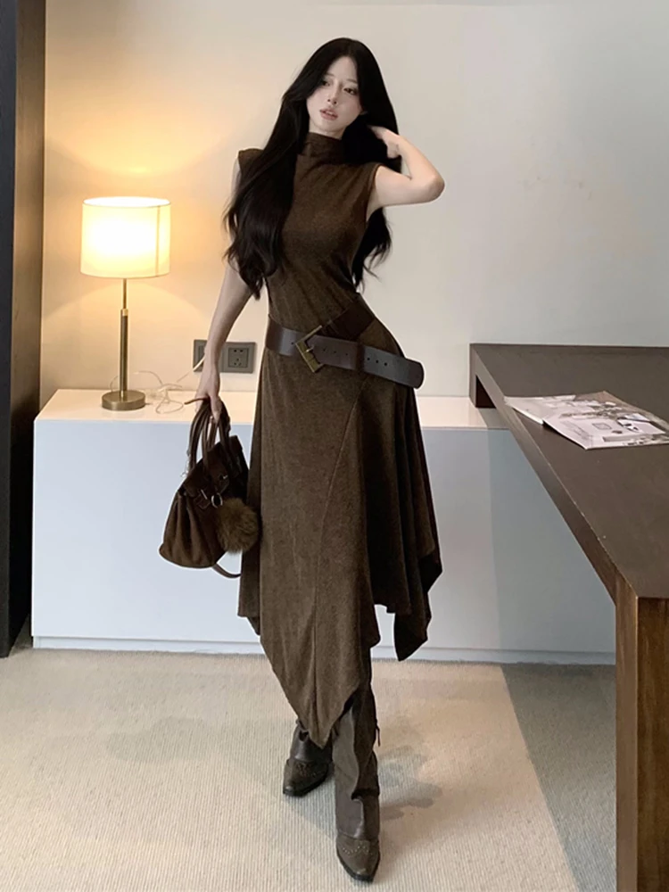 REDDACHiC Sukienka damska typu tank z nieregularnym patchworkiem, koreańska, gładka, codzienna, luźna, z golfem, midi, długa, z falbanami, modna odzież jesienna