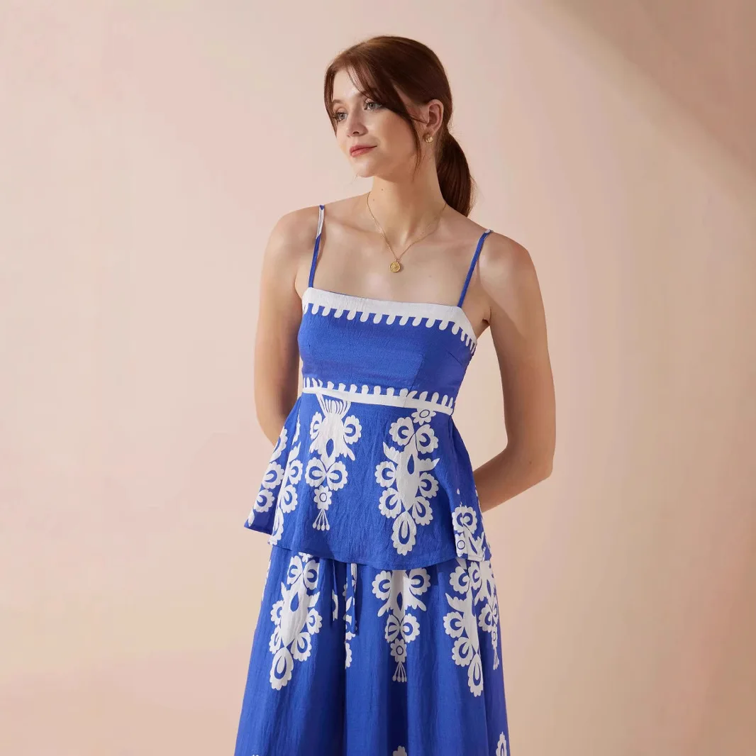 

25 Year Summer Ethnic Style Slim Fit Backless Camisole Pants Set 68628