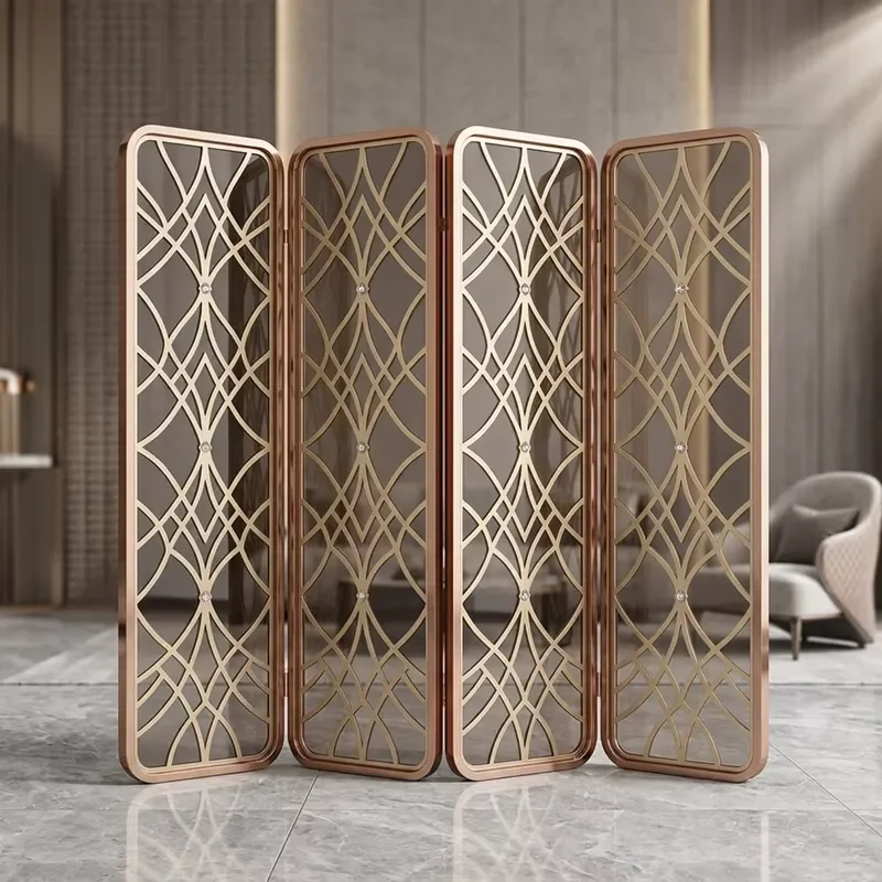Custom 4 Panel Folding Stainless Steel Cut Grid Decorative Screen Partition Room Divider for Restaurant Commercial