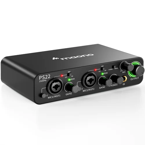 MAONO-PS22 PC 用 USB オーディオインターフェイス、60dB プロプリアンプ、24 ビット 192kHz、PC およびスマートフォン用デュアル USB インターフェイス、ホームレコーディング、音楽制作、ギター、ポッドキャスト、ストリーミング用のルーティングソフトウェア