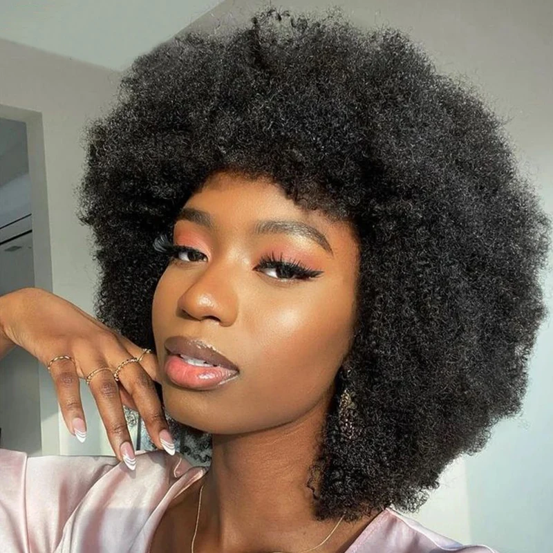 Afro Curl Remy Human Hair Short Fluffy Wig With Bangs 180% Density Kinky Curly Glueless Full Machine Made Thick Wigs Wear And Go